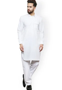Solid Color Cotton Kurta Set in White