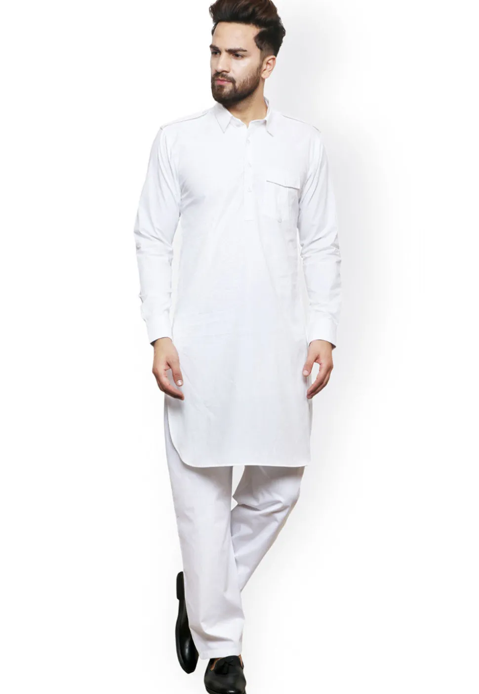 Solid Color Cotton Kurta Set in White
