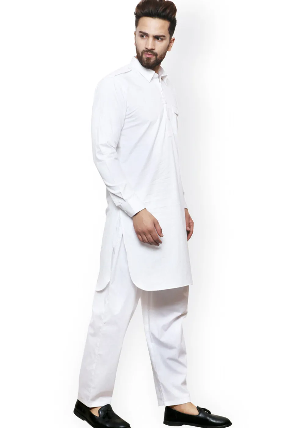 Solid Color Cotton Kurta Set in White