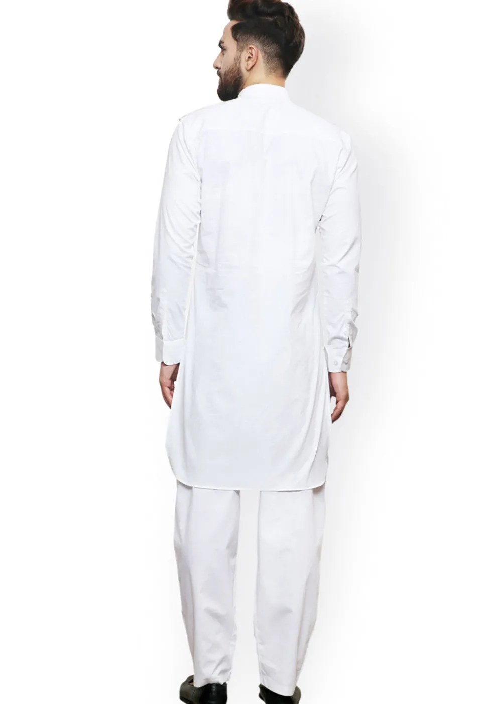 Solid Color Cotton Kurta Set in White