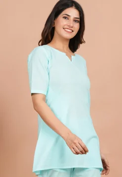 Solid Color Cotton Kurti in Light Blue