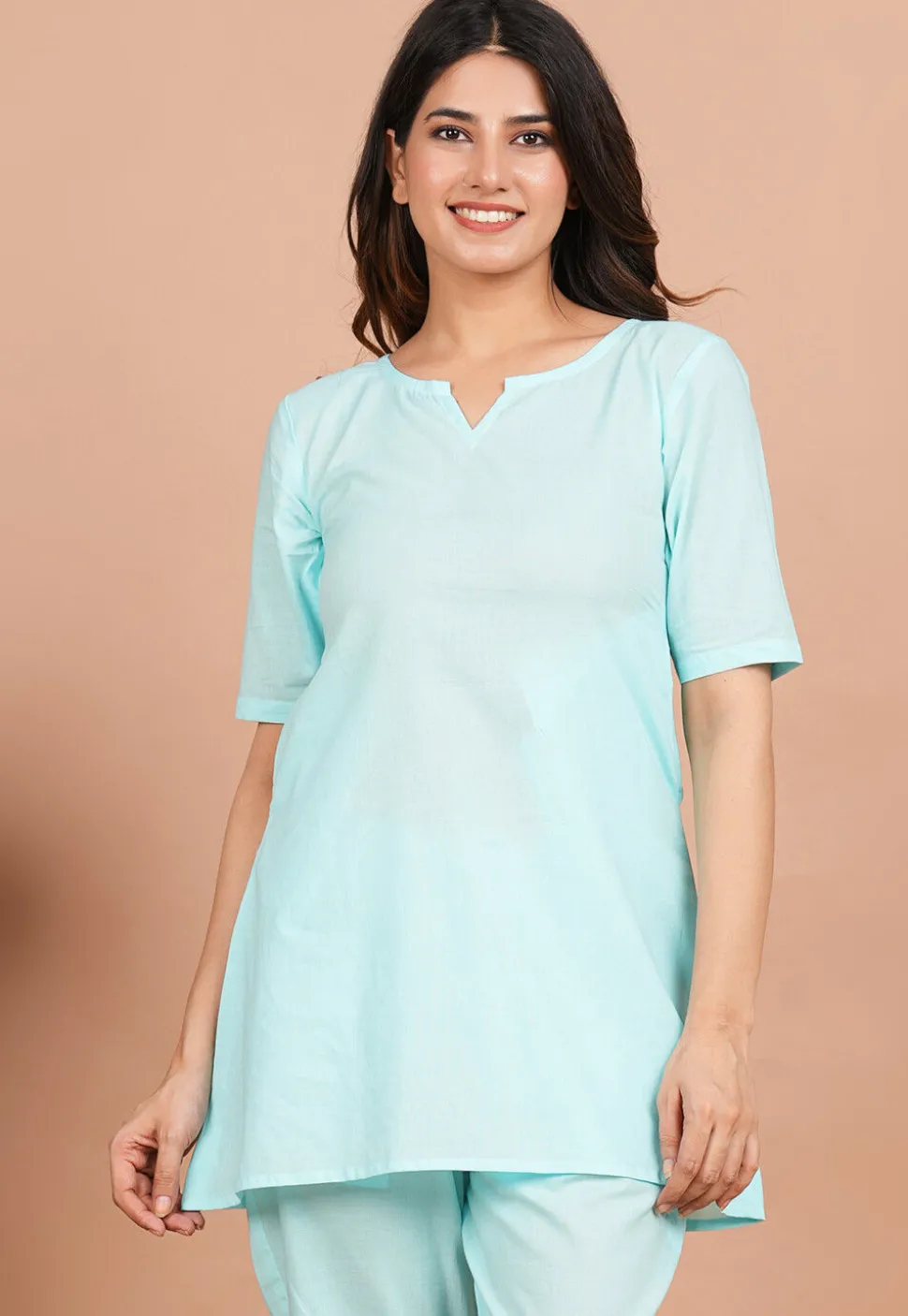 Solid Color Cotton Kurti in Light Blue