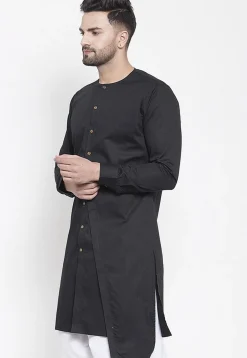 Solid Color Cotton Layered Kurta in Black