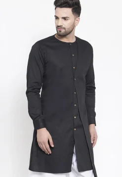 Solid Color Cotton Layered Kurta in Black