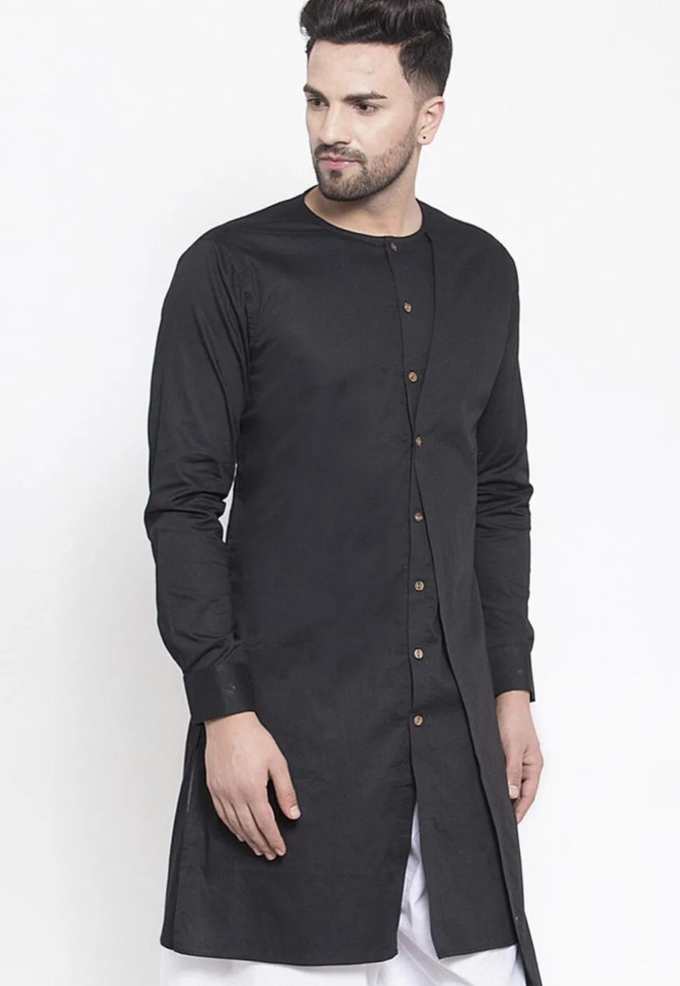 Solid Color Cotton Layered Kurta in Black