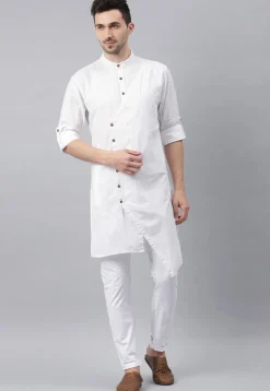 Solid Color Cotton Layered Kurta Set in White