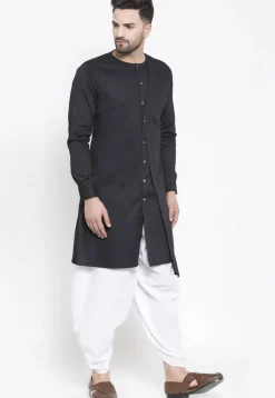 Solid Color Cotton Layered Dhoti Kurta in Black