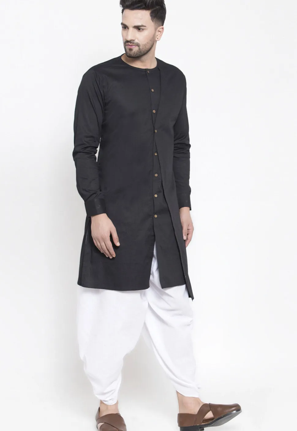 Solid Color Cotton Layered Dhoti Kurta in Black