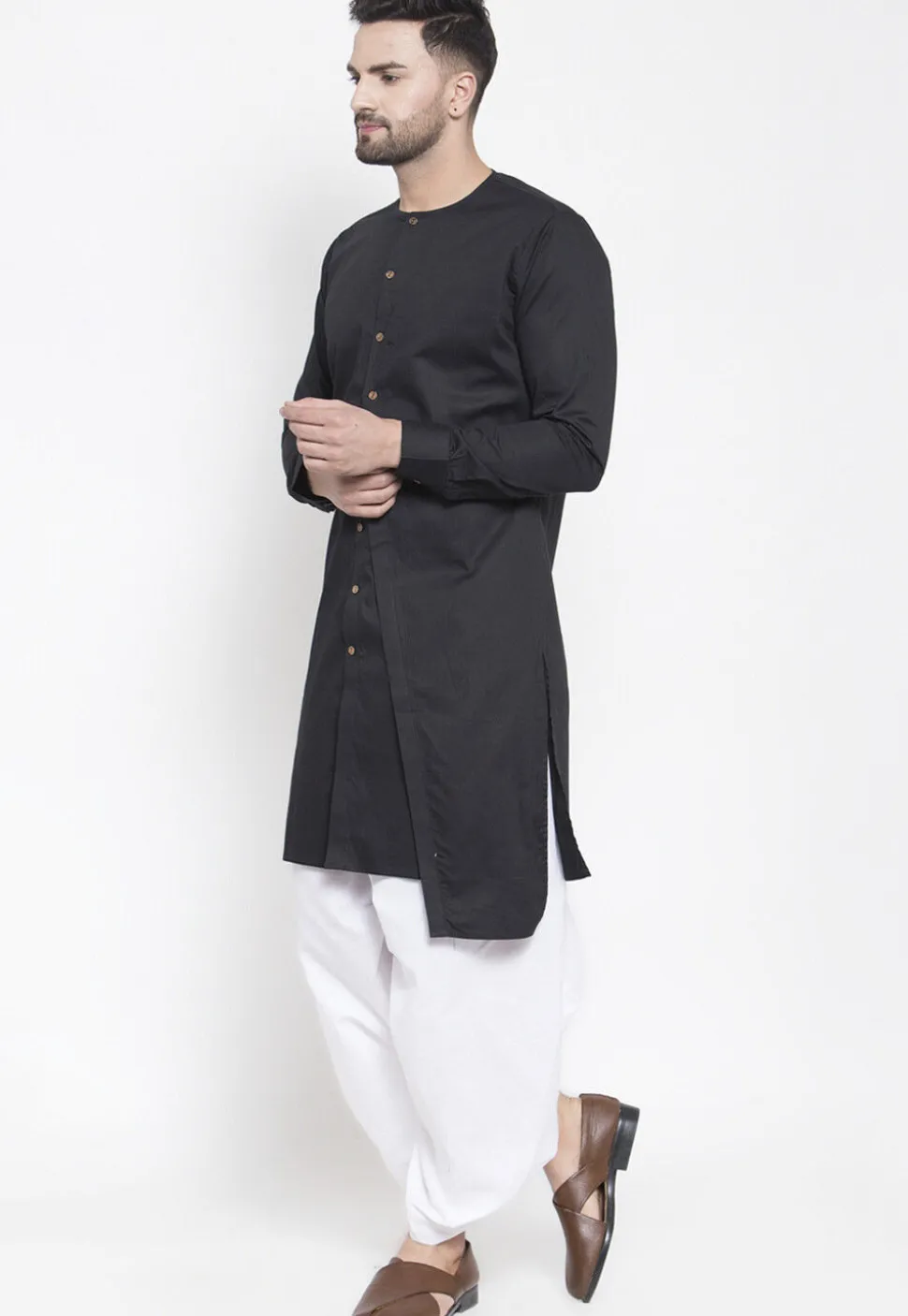 Solid Color Cotton Layered Dhoti Kurta in Black