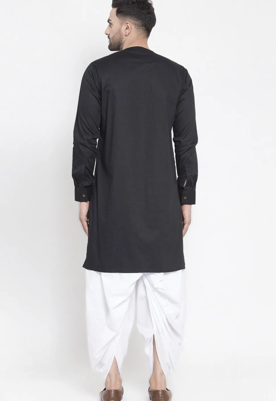Solid Color Cotton Layered Dhoti Kurta in Black