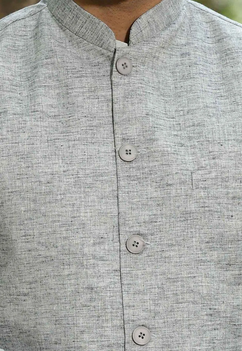 Solid Color Cotton Linen Nehru Jacket in Grey