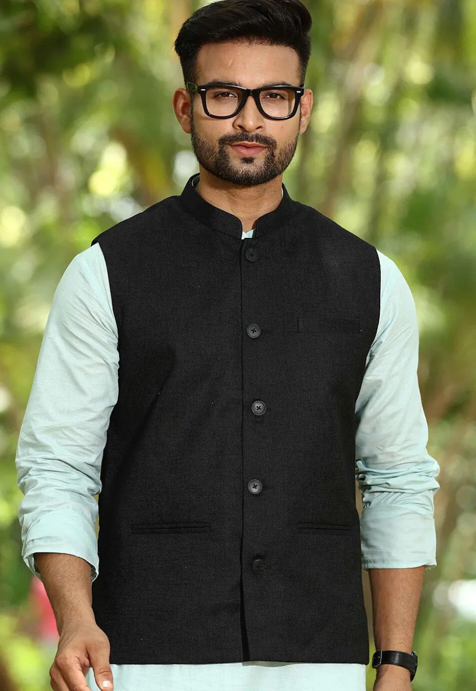 Solid Color Cotton Linen Nehru Jacket in Black