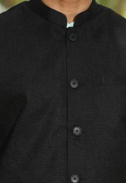 Solid Color Cotton Linen Nehru Jacket in Black