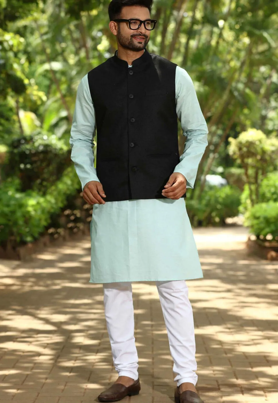 Solid Color Cotton Linen Nehru Jacket in Black
