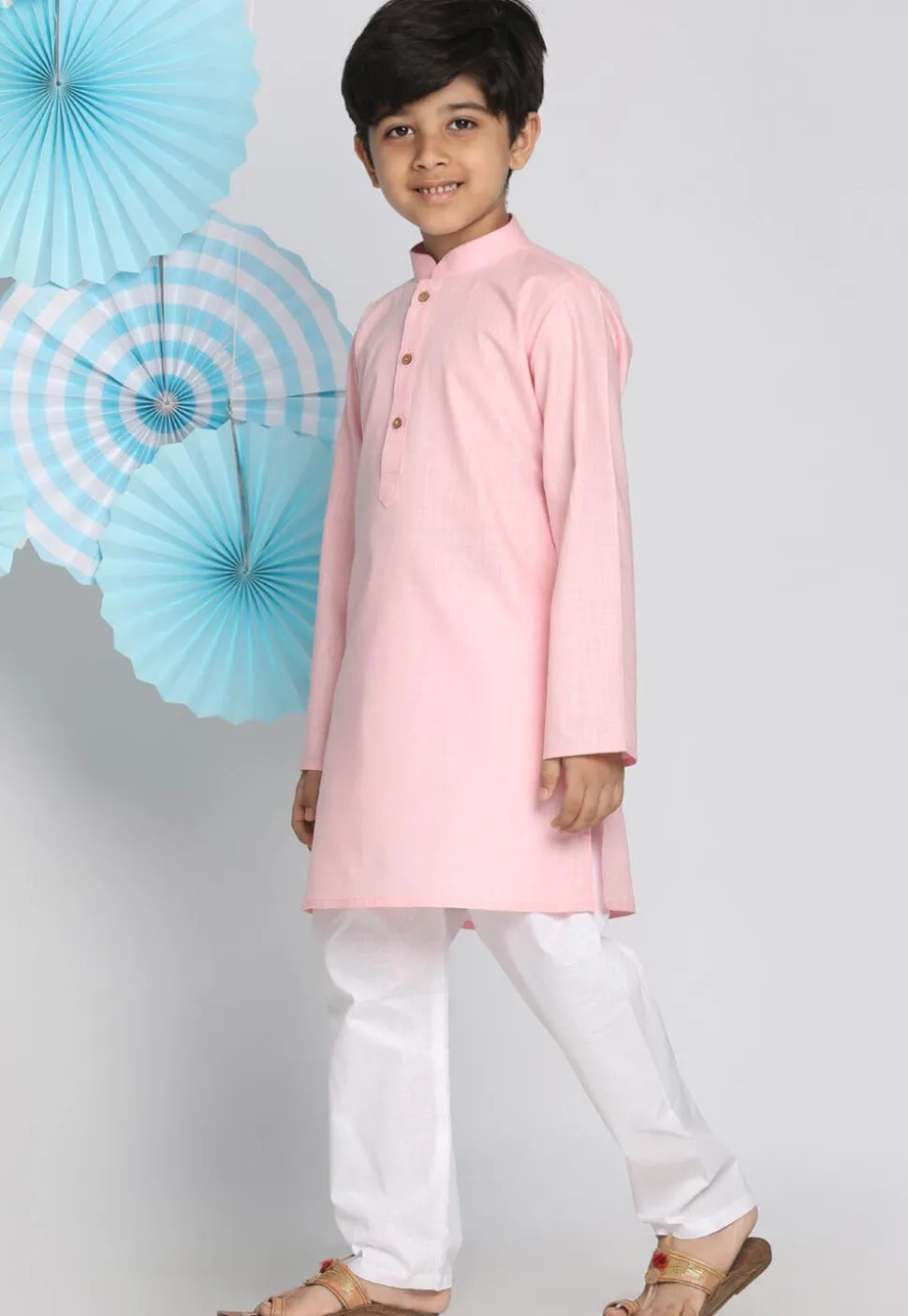 Solid Color Cotton Linen Kurta Set in Pink
