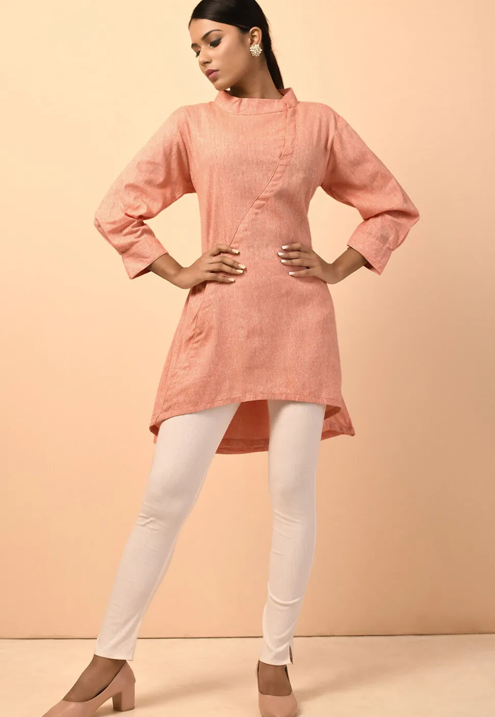 Solid Color Cotton Linen Tunic in Peach
