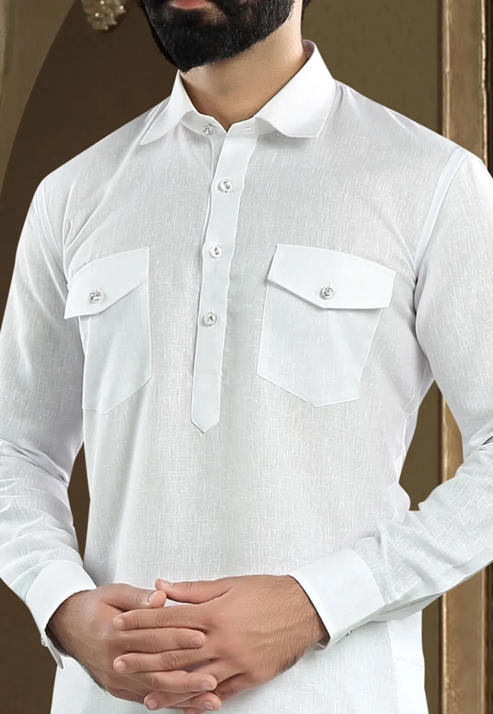 Solid Color Cotton Linen Pathani Suit in Off White