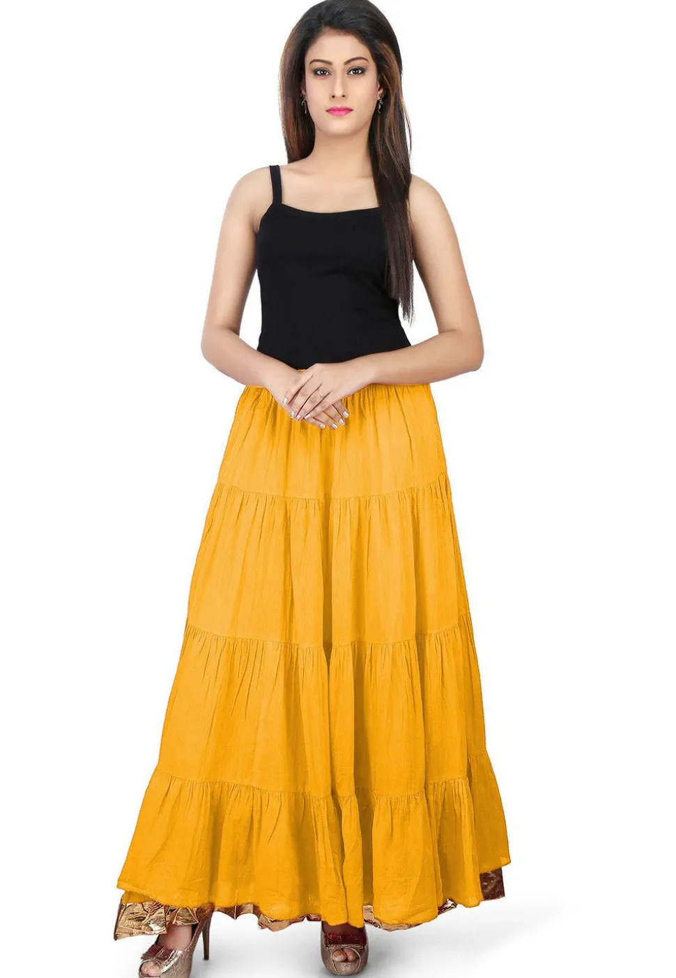Solid Color Cotton Mulmul Skirts in Yellow