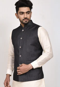 Solid Color Cotton Nehru Jacket in Black