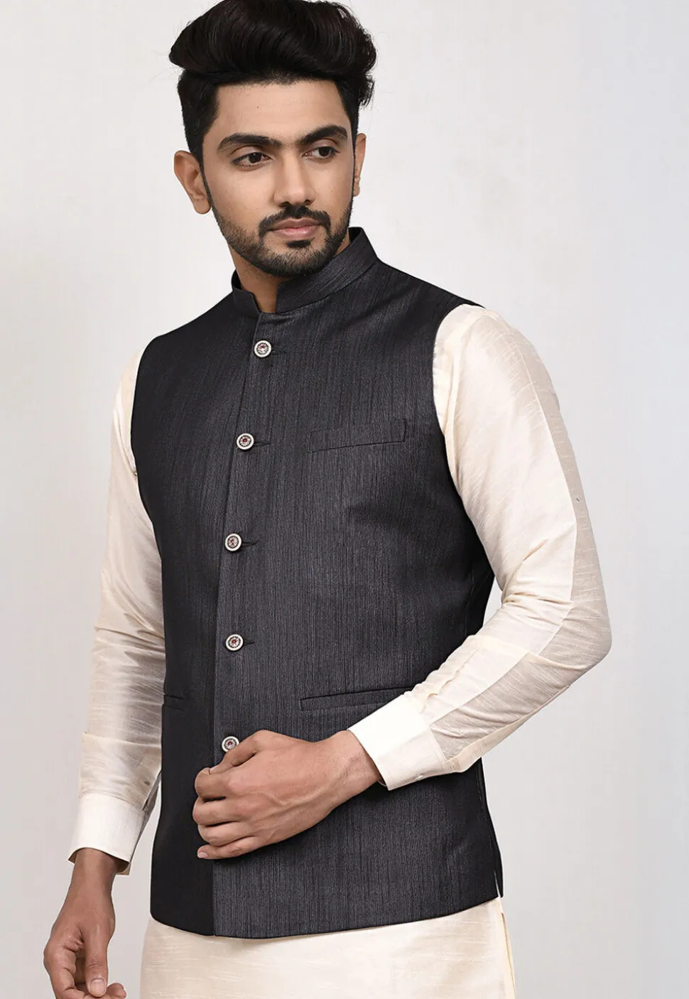 Solid Color Cotton Nehru Jacket in Black