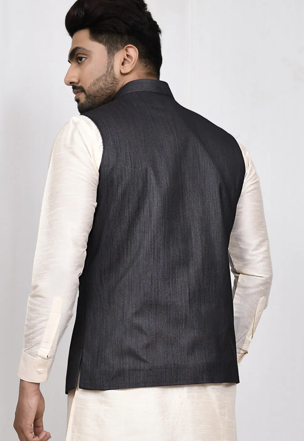 Solid Color Cotton Nehru Jacket in Black