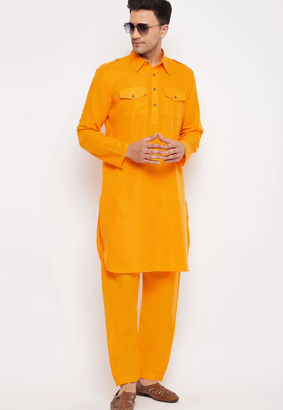 Solid Color Cotton Paithani Suit in Mustard