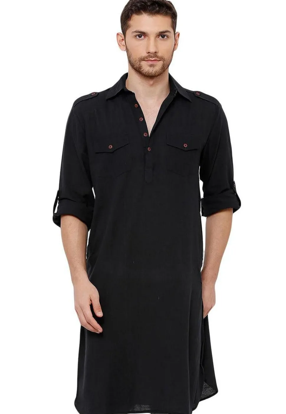 Solid Color Cotton Pathani Kurta in Black