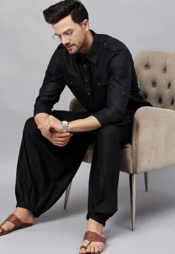 Solid Color Cotton Pathani Suit in Black
