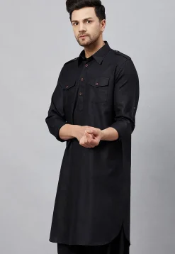 Solid Color Cotton Pathani Suit in Black