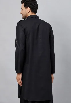 Solid Color Cotton Pathani Suit in Black