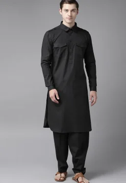 Solid Color Cotton Pathani Suit in Black