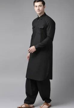 Solid Color Cotton Pathani Suit in Black