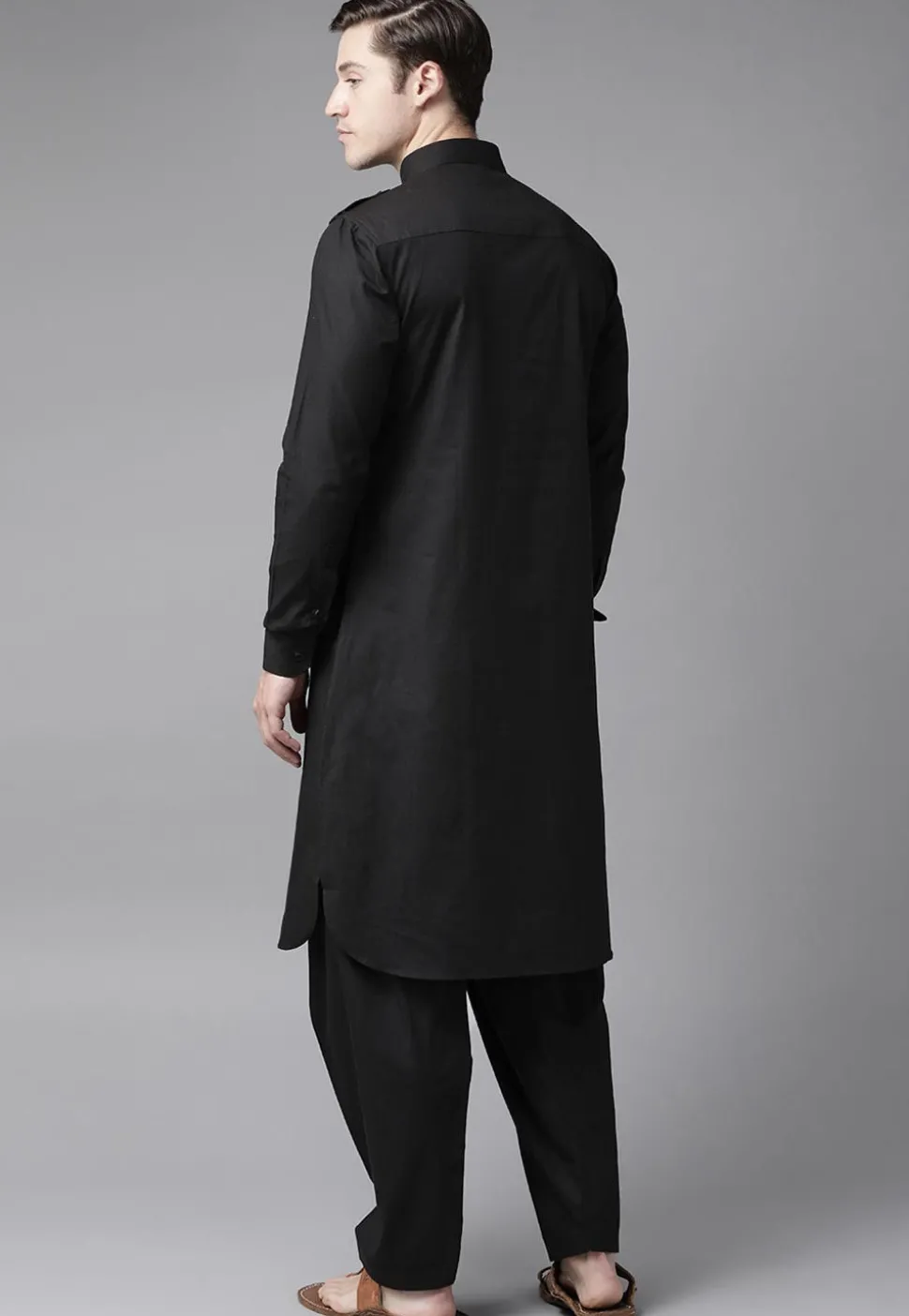 Solid Color Cotton Pathani Suit in Black