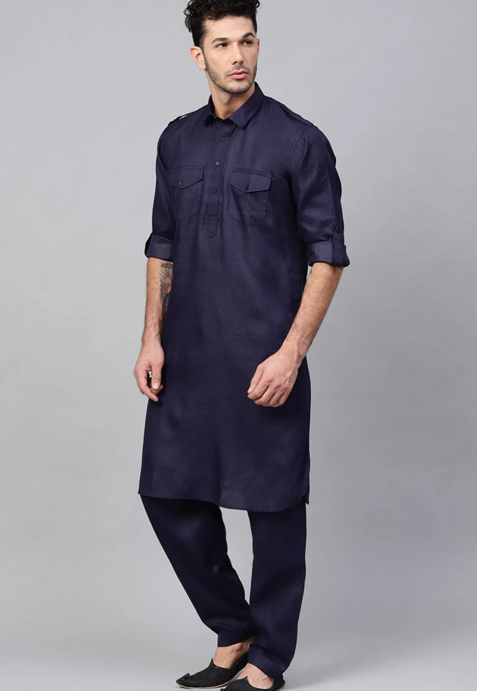 Solid Color Cotton Pathani Suit in Navy Blue