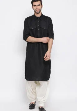 Solid Color Cotton Pathani Suit in Black