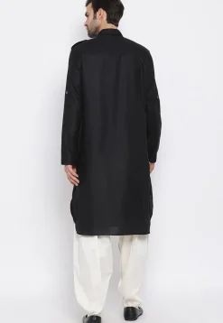 Solid Color Cotton Pathani Suit in Black