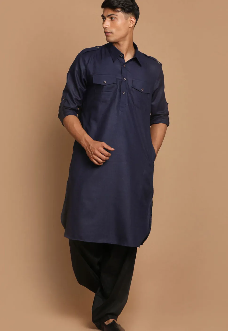Solid Color Cotton Pathani Suit in Navy Blue