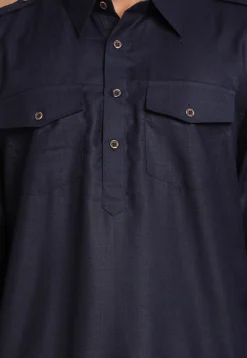 Solid Color Cotton Pathani Suit in Navy Blue