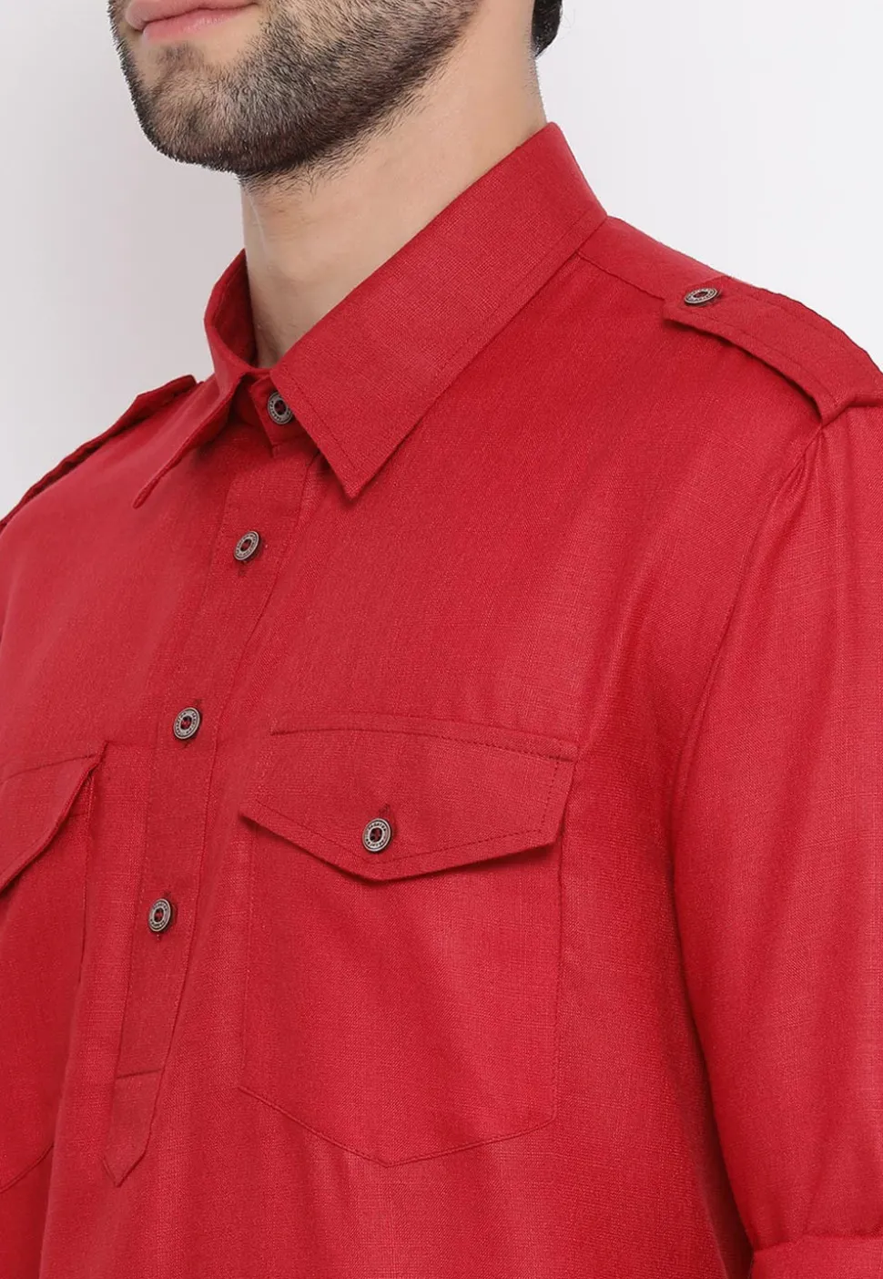 Solid Color Cotton Pathani Suit in Red