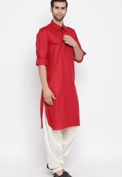 Solid Color Cotton Pathani Suit in Red