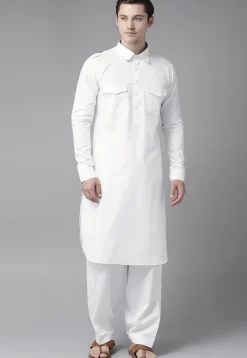 Solid Color Cotton Pathani Suit in White