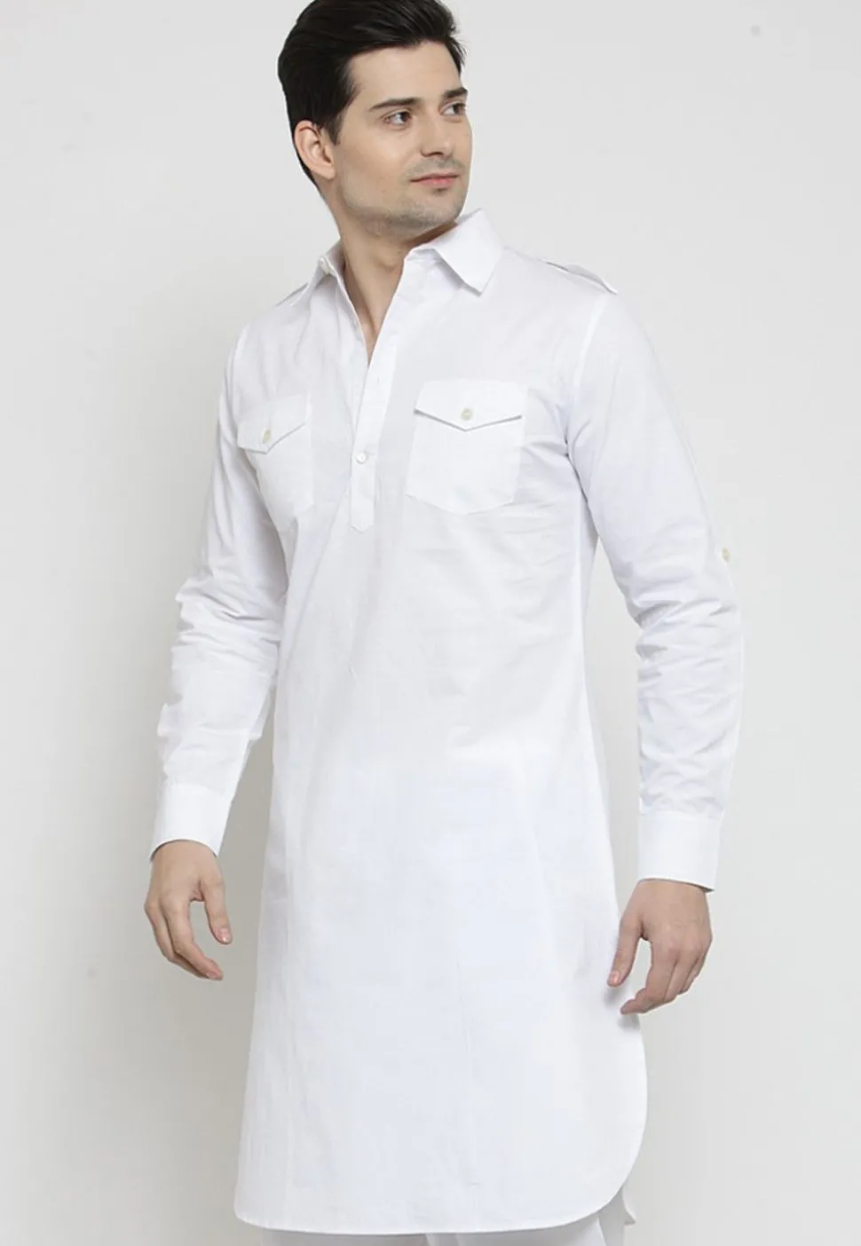 Solid Color Cotton Pathani Suit in White