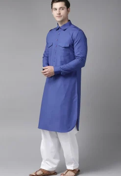 Solid Color Cotton Pathani Suit in Blue