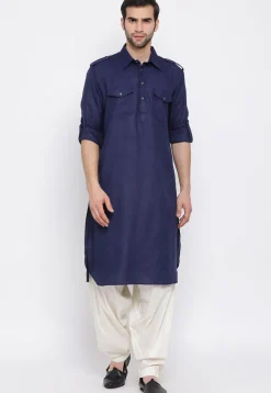 Solid Color Cotton Pathani Suit in Navy Blue