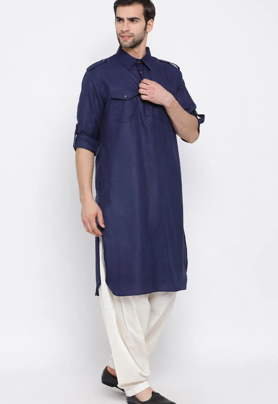 Solid Color Cotton Pathani Suit in Navy Blue