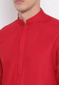 Solid Color Cotton Pathani Kurta Set in Red