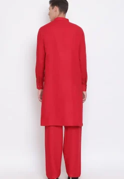 Solid Color Cotton Pathani Kurta Set in Red