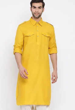 Solid Color Cotton Pathani Suit in Yellow