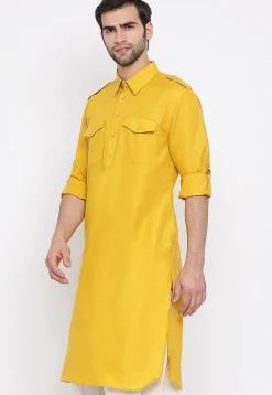 Solid Color Cotton Pathani Suit in Yellow
