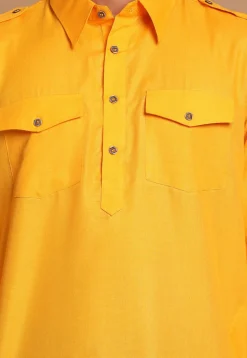 Solid Color Cotton Pathani  Suit in Mustard